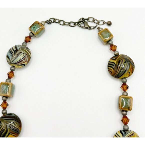 Swirled Ceramic Beaded Necklace Flat Round & Square Beads Raku 18” - Picture 3 of 3